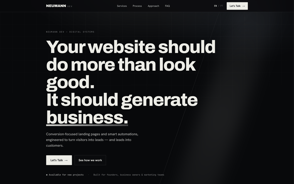 Hero do site Neumann Dev em tema escuro com grade técnica
